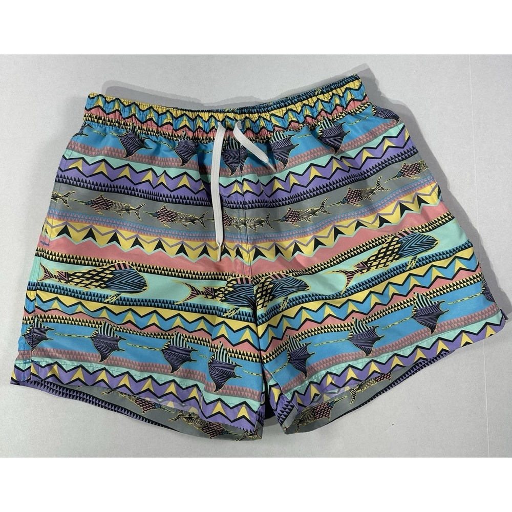 Chubbies Swim Trunks Men L USA Made Geometric Fish Print Board Shorts Retro